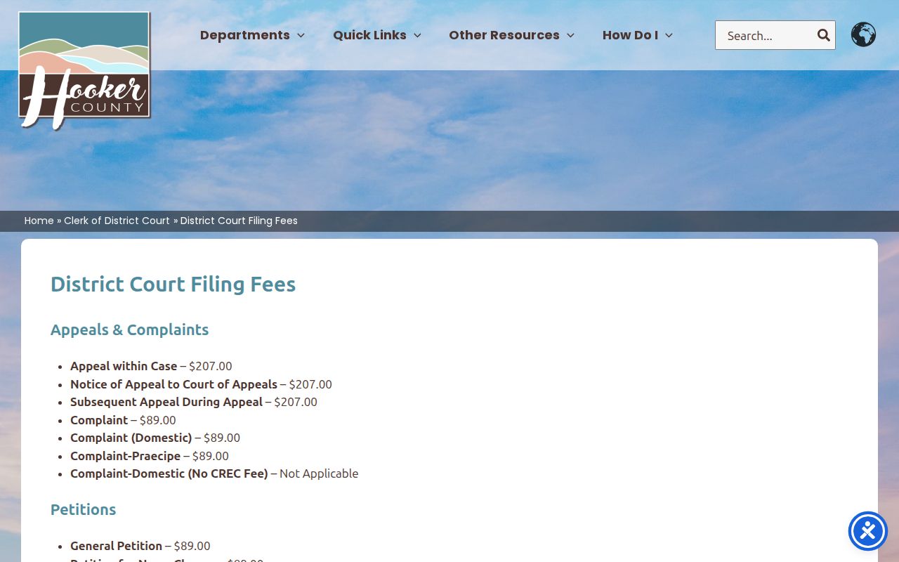 Hooker County civil docket district court filing fees