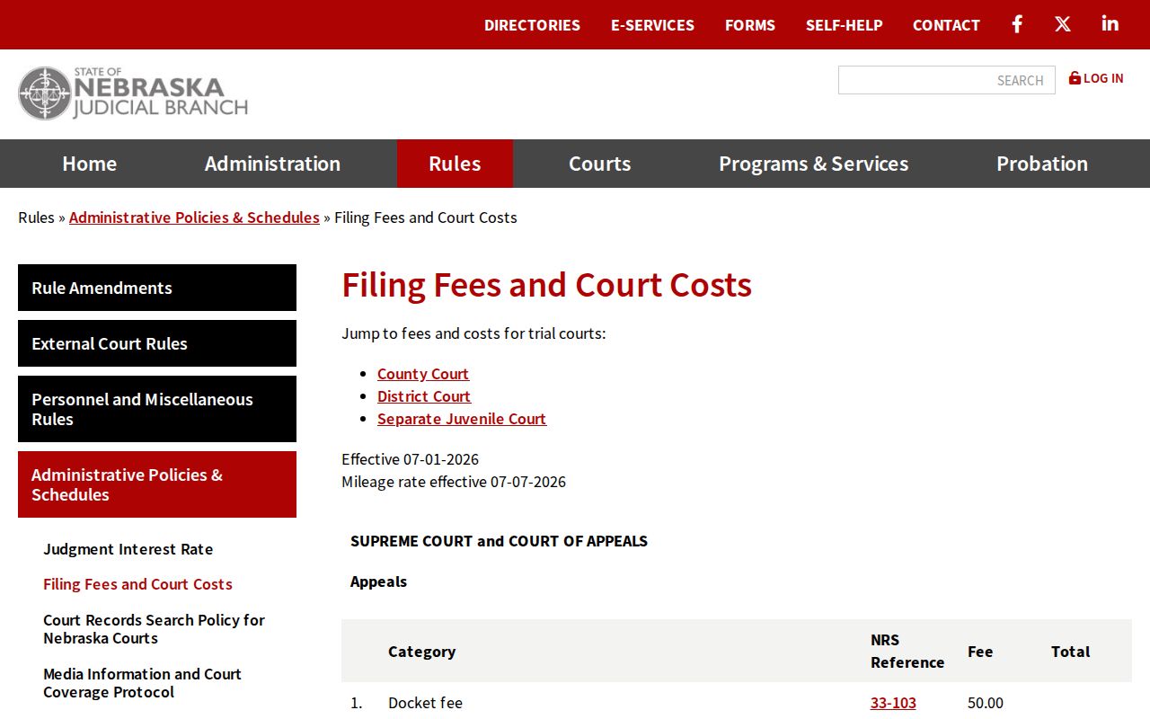 Hooker County civil docket filing fees and court costs